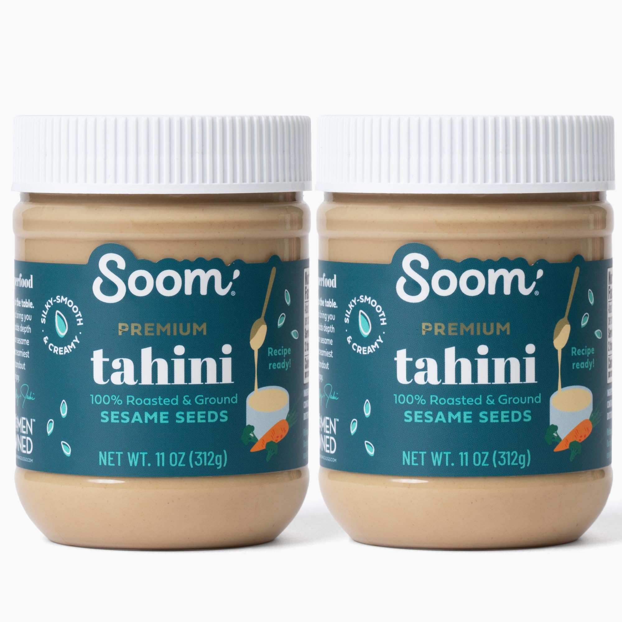 Soom Premium Tahini jar on a kitchen counter, creamy base for hummus and dressings.