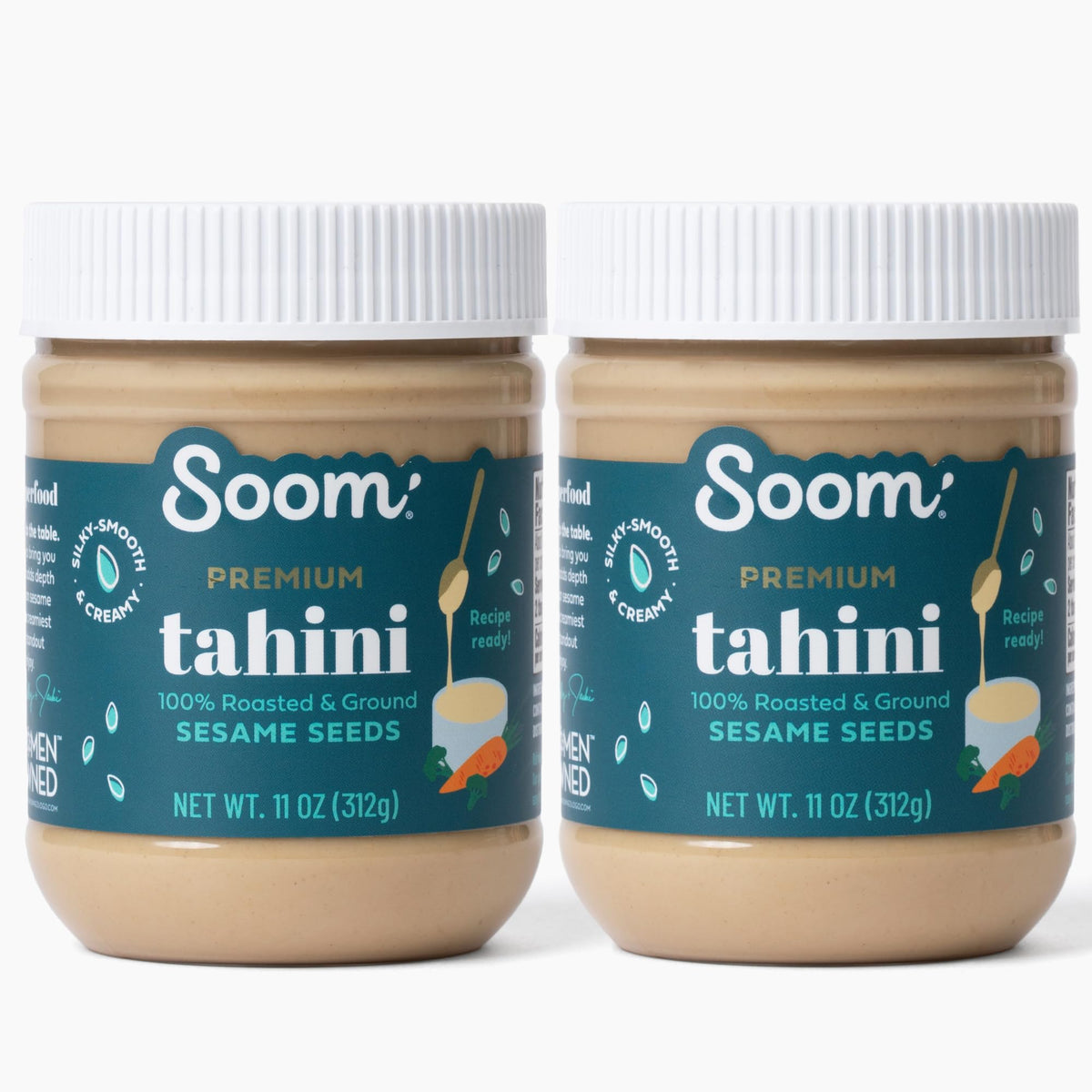 Soom Premium Tahini jar on a kitchen counter, creamy base for hummus and dressings.