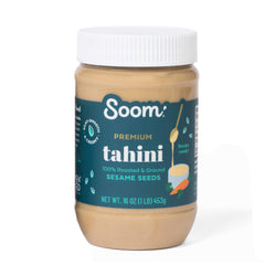 Soom Premium Tahini jar—creamy sesame paste for rich dips and dressings.