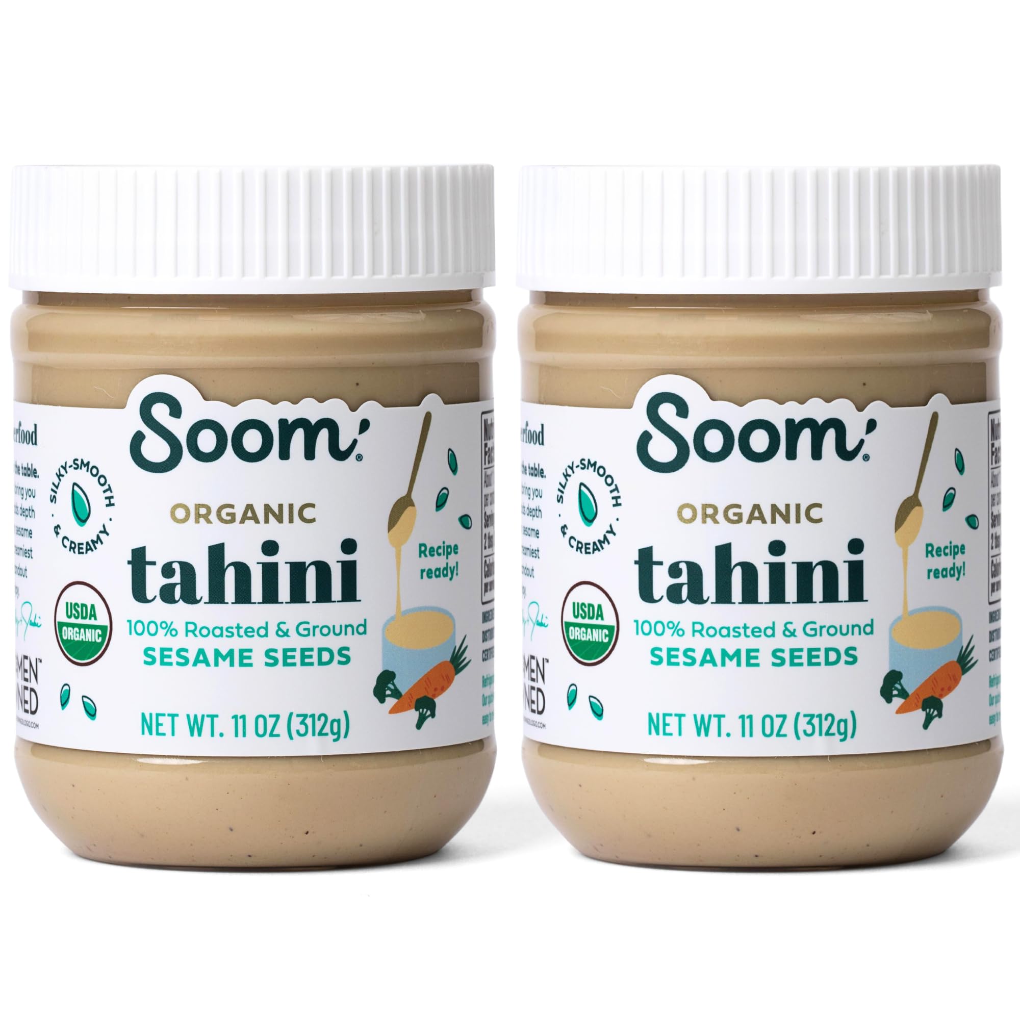 Soom Organic Tahini 11oz jar front shows premium sesame paste for rich flavor.