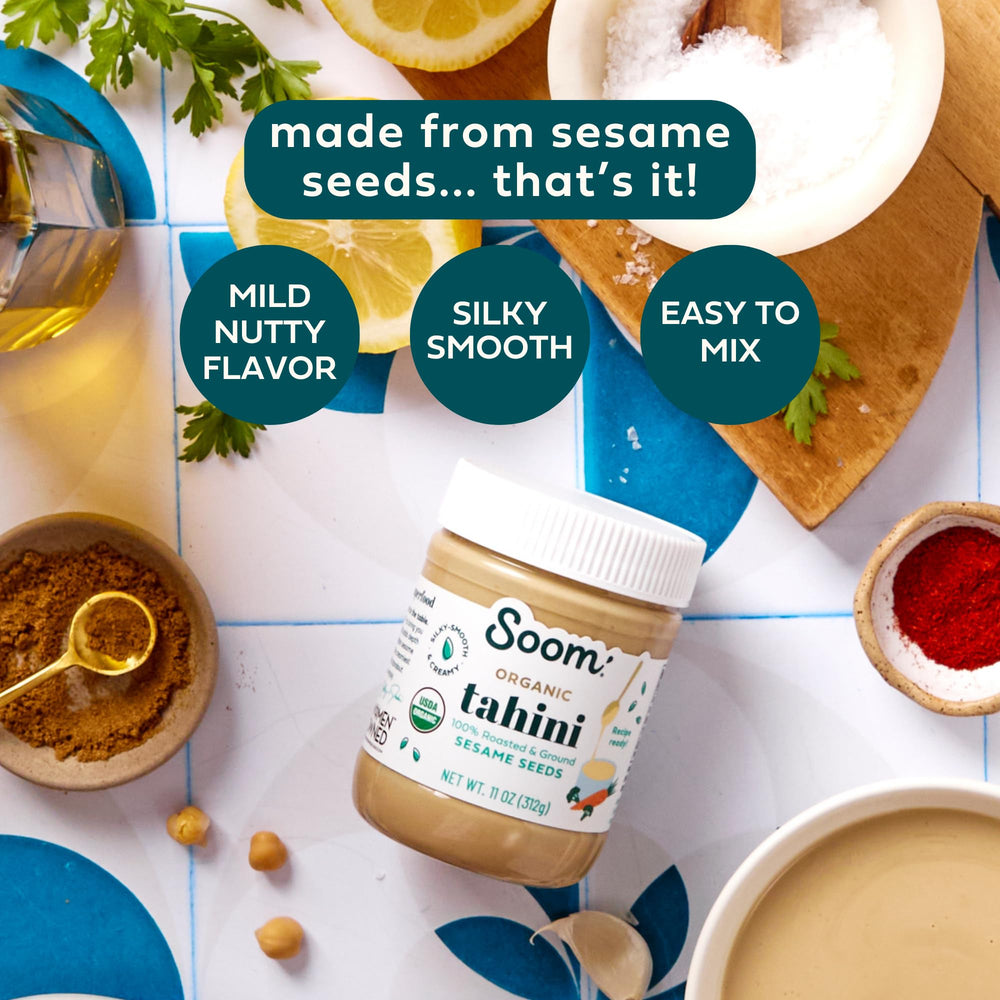 Soom Organic Tahini creamy spread on toast highlights nut-free vegan protein option.