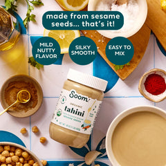 Soom Tahini creamy texture close-up, perfect for sauces and dressings.