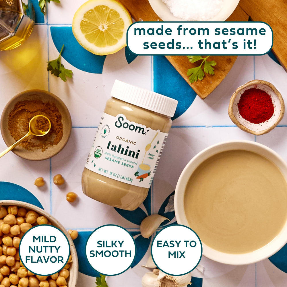 Soom Tahini drizzle over hummus for extra richness