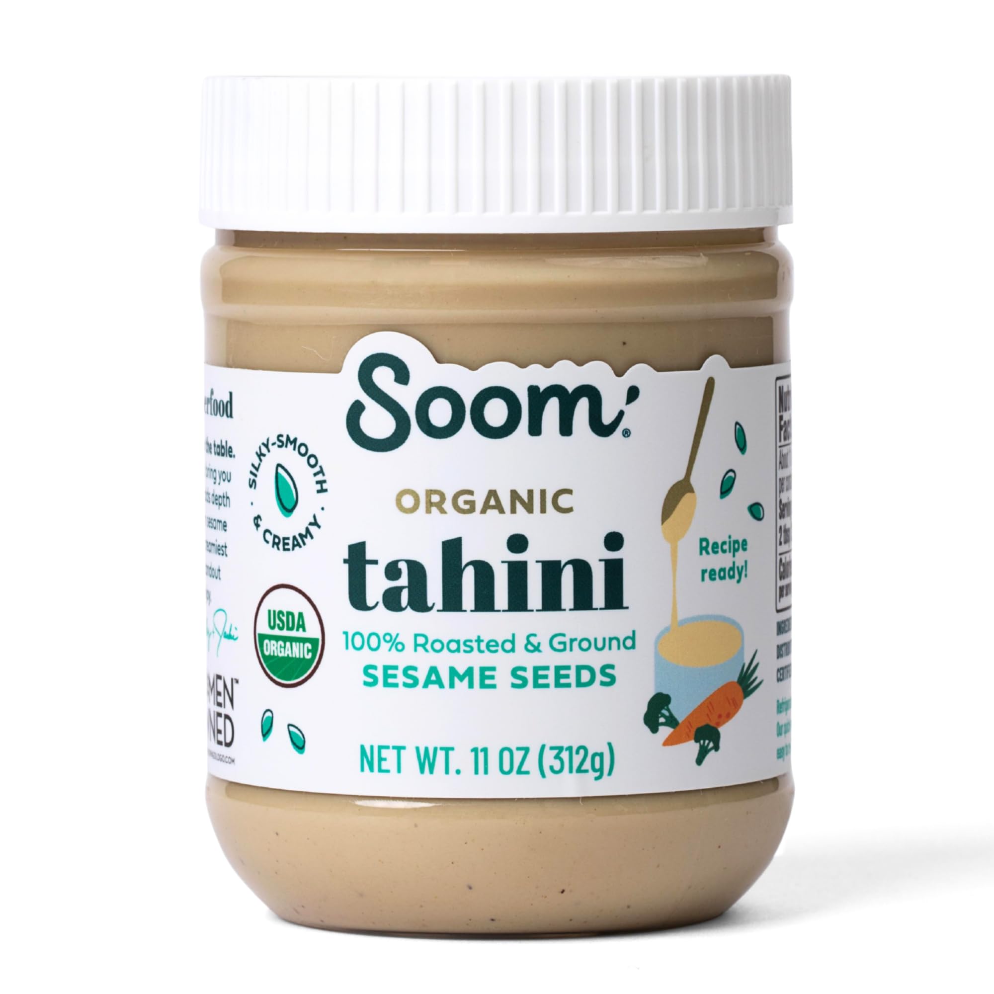 Soom Organic Tahini jar front view, premium sesame paste for creamy hummus.