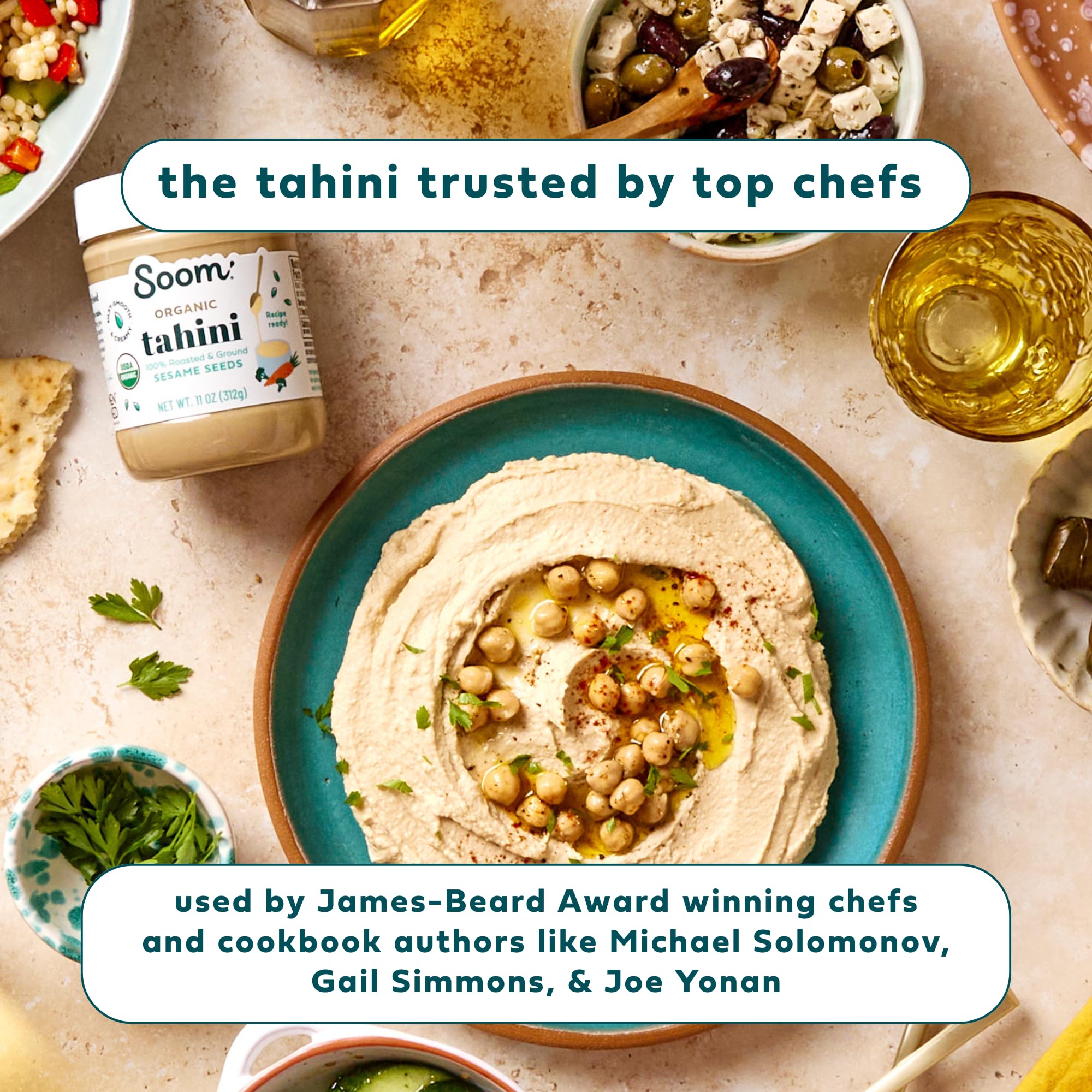 Soom tahini packaging on shelf signals organic, kosher, allergen-friendly option.