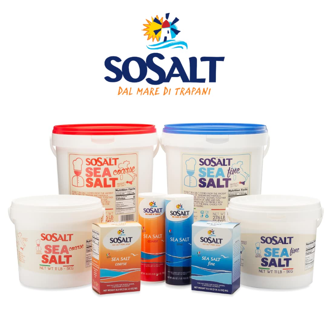 SOSALT salt crystals flowing from a shaker onto food for enhanced flavor