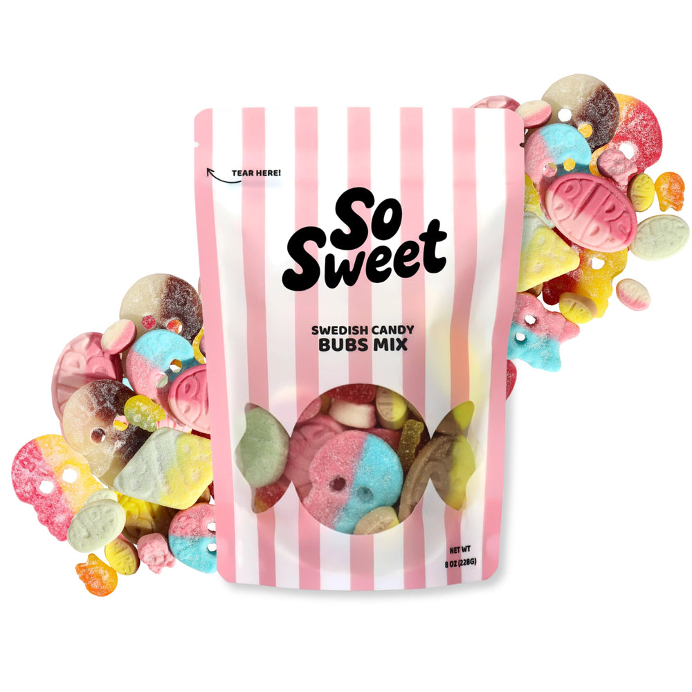 SoSweet Bubs Swedish Candy Mix half-pound pack, vegan-friendly for social sharing.