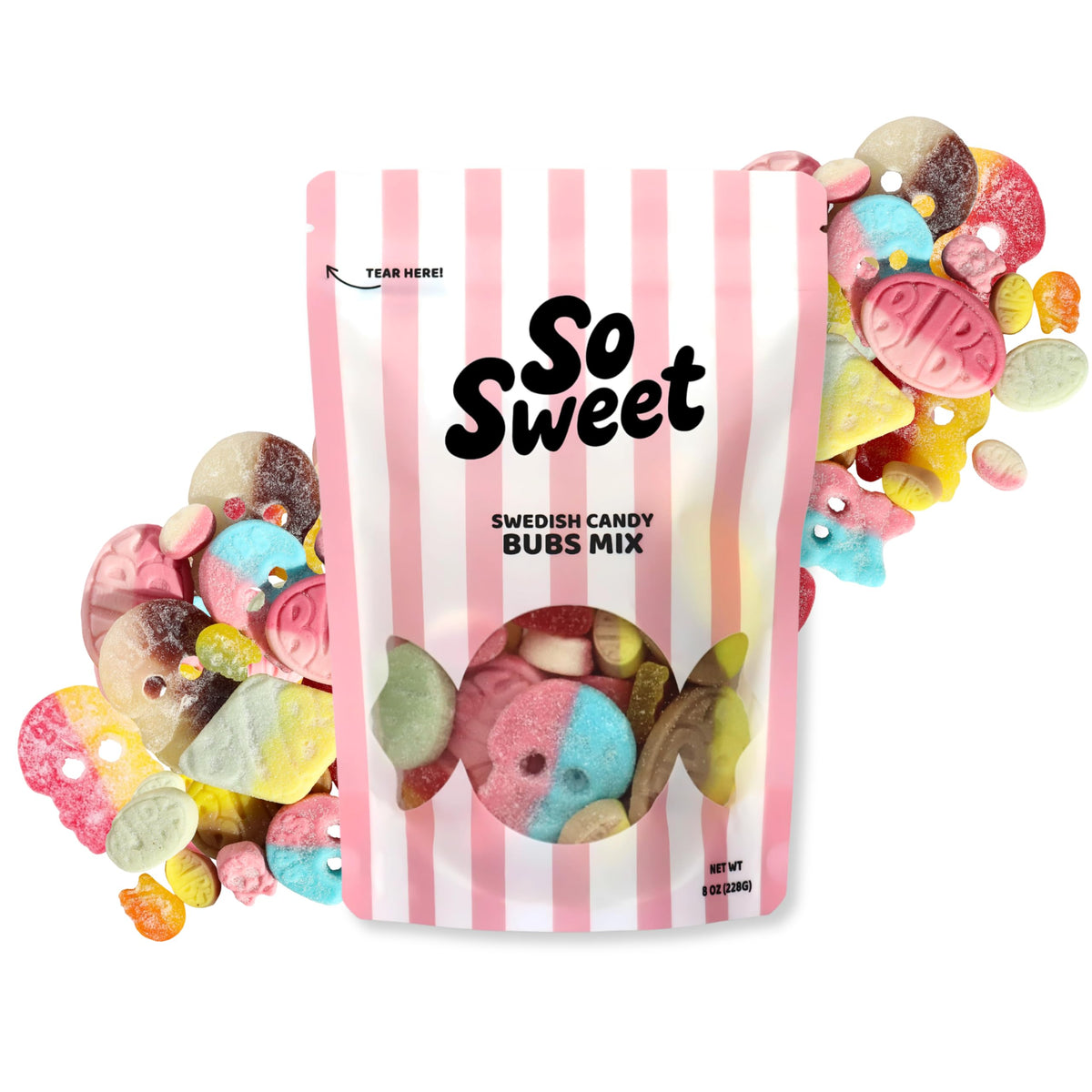 SoSweet Bubs Swedish Candy Mix half-pound pack, vegan-friendly for social sharing.