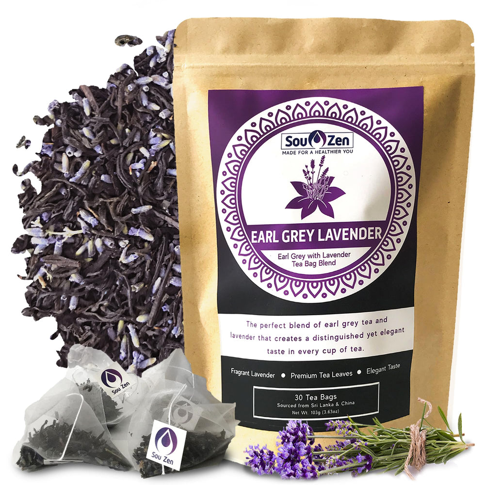 Sou Zen Earl Grey Lavender tea bags pyramid ready to steep with bright aroma.
