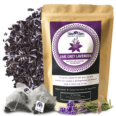 Sou Zen Earl Grey Lavender tea bags pyramid ready to steep with bright aroma.