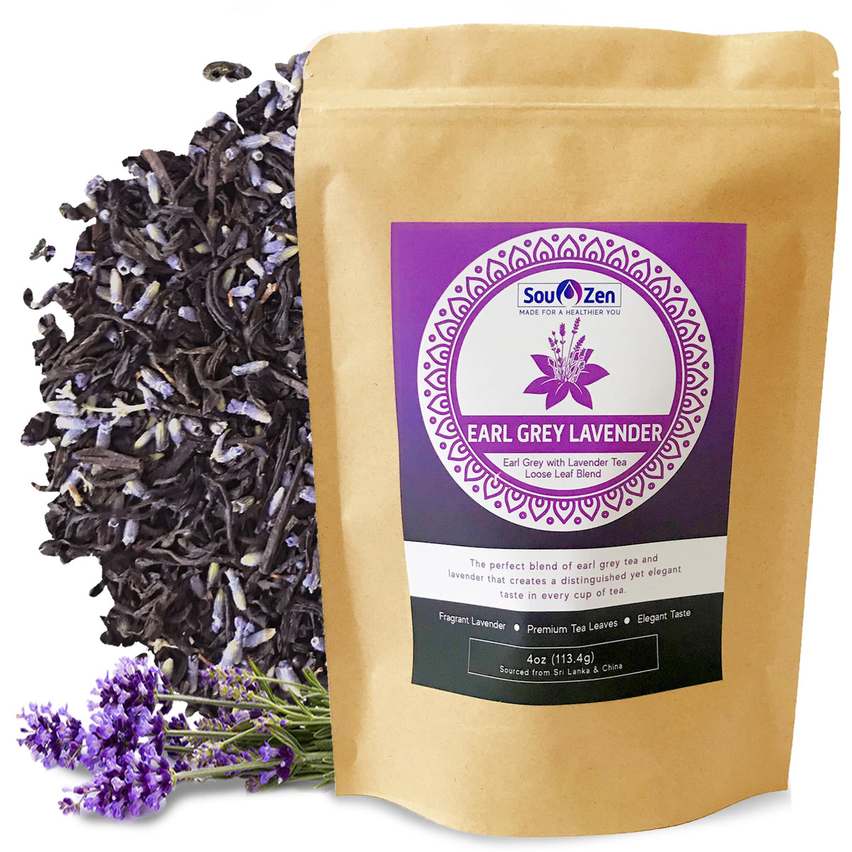 Sou Zen Earl Grey Lavender pack shot; energized mornings with premium loose leaf blend.