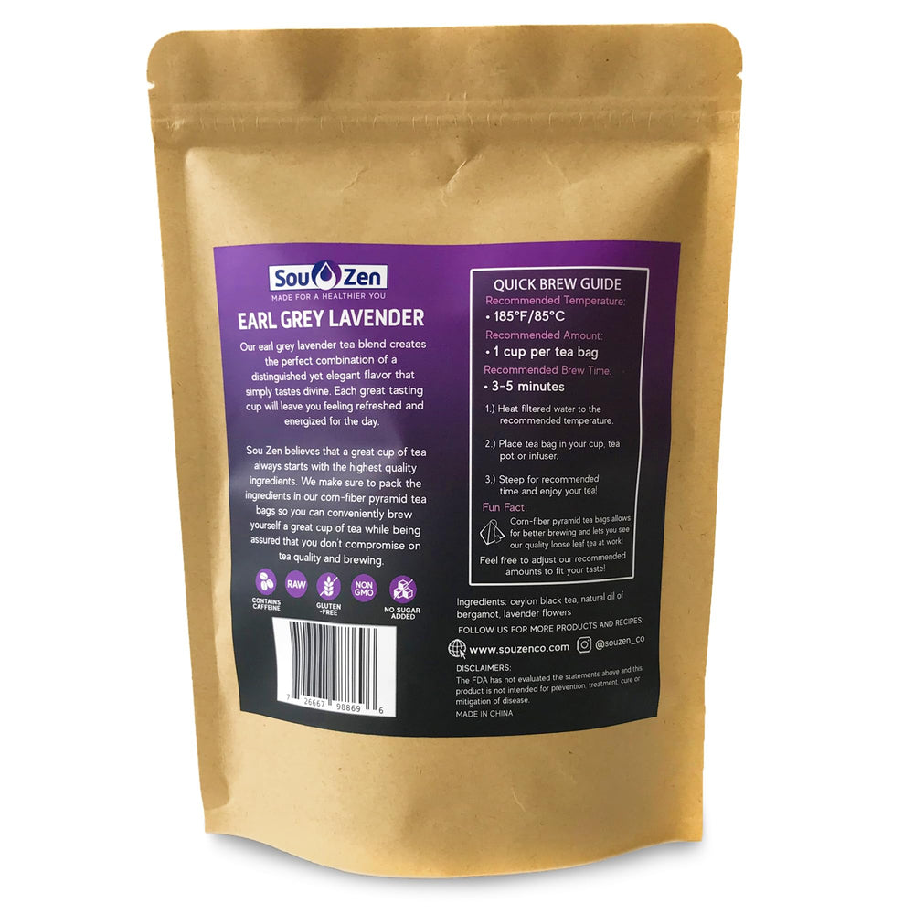 Sou Zen eco-friendly corn-fiber pyramid tea bags packaging reduces waste.