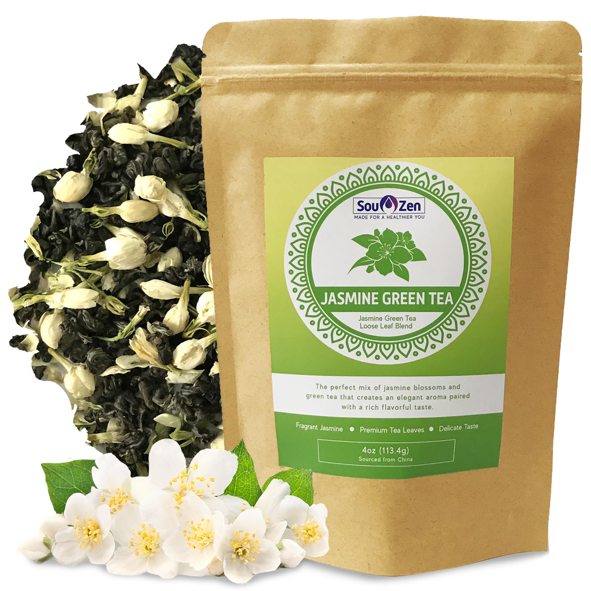 Sou Zen Jasmine Green Tea loose leaf in a resealable kraft pouch preserving freshness.