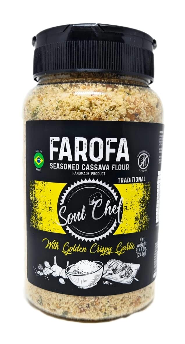 Soul Chef seasoned cassava farofa on a plate, traditional Brazilian crunch.