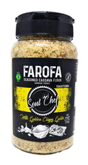 Soul Chef seasoned cassava farofa on a plate, traditional Brazilian crunch.