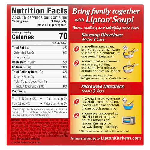 SOUP SECRETS Lipton Soup with real chicken broth and enriched noodles.