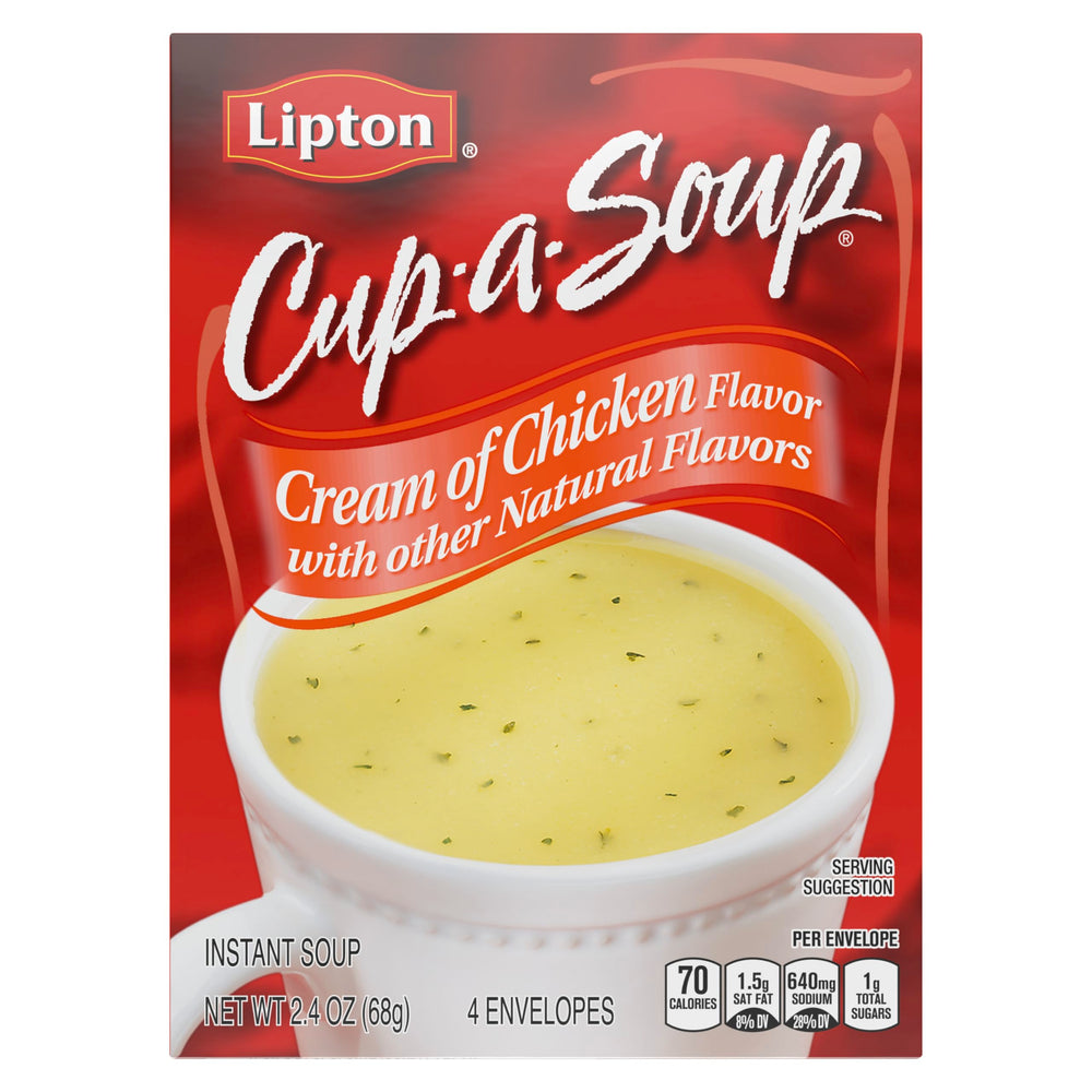 SOUP SECRETS Lipton Cream of Chicken cup displaying creamy texture for a quick snack.