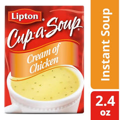 SOUP SECRETS Lipton Cup-a-Soup Cream of Chicken being poured with hot water for instant warmth.