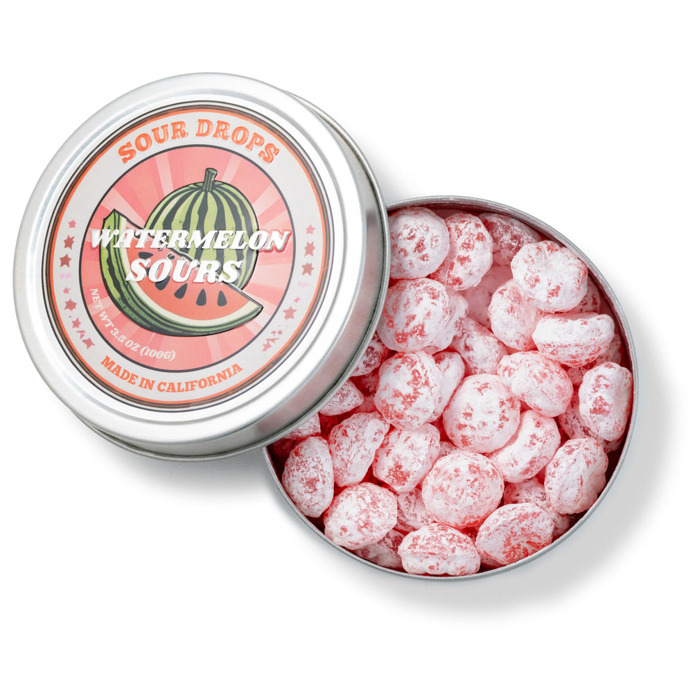 Sour Drops reusable tin container keeps candies fresh and ready to enjoy.