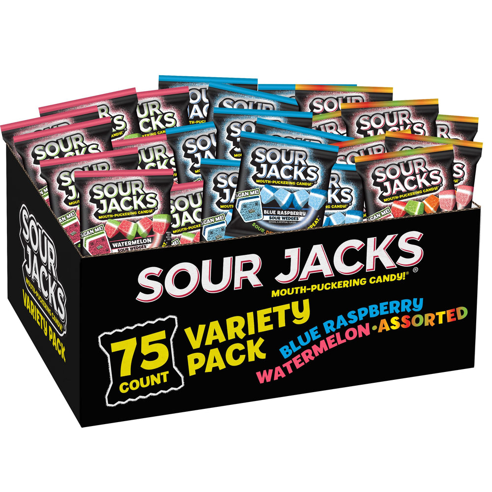 Sour Jacks 75ct snack box front view, ideal for parties and sharing.