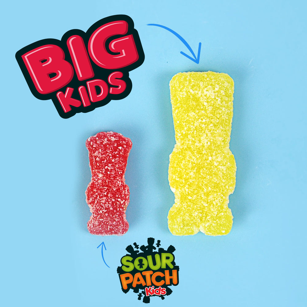 Sour Patch Kids Big Kids family-size bag on kitchen shelf.