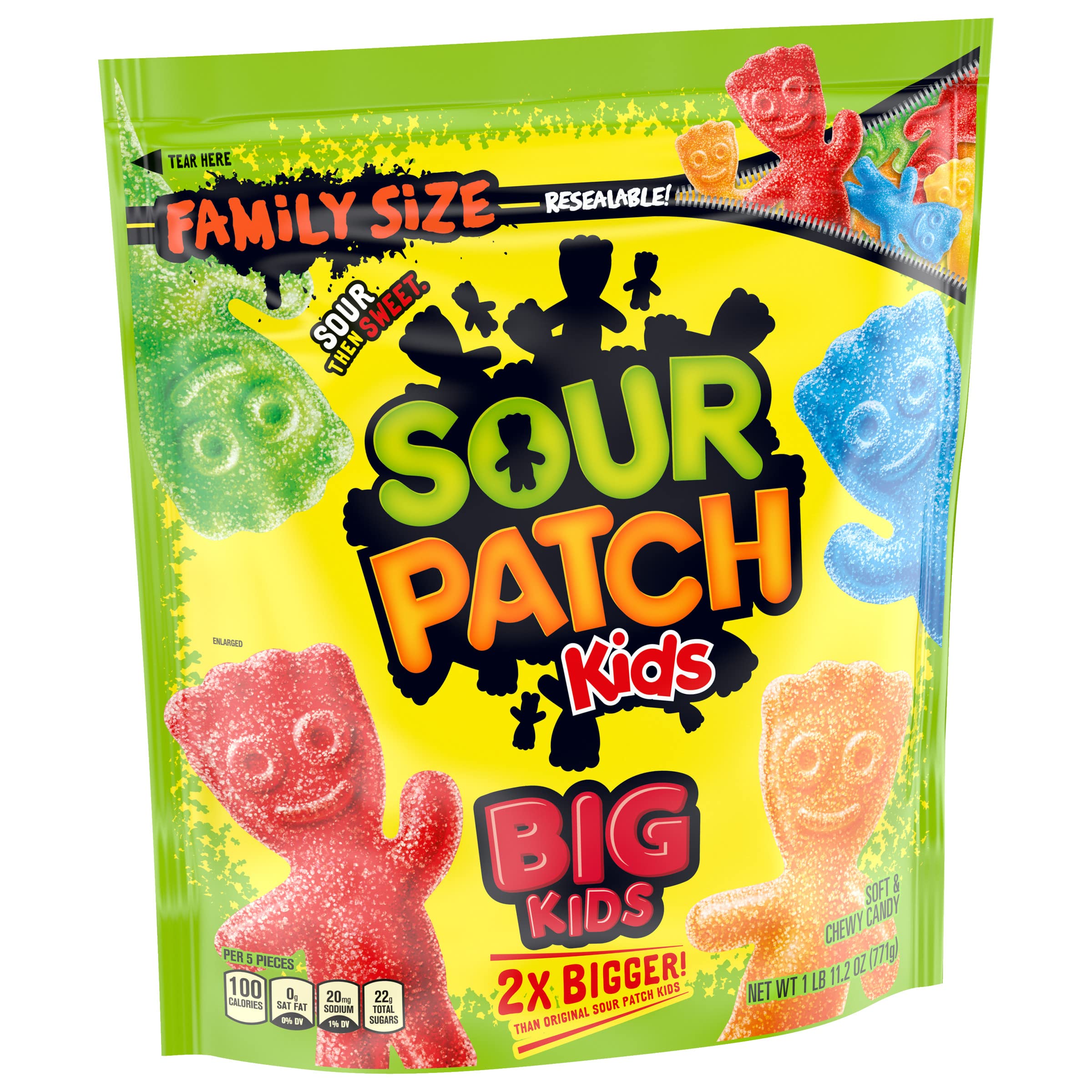 Sour Patch Kids Big Kids red and green colors display, festive candy option.
