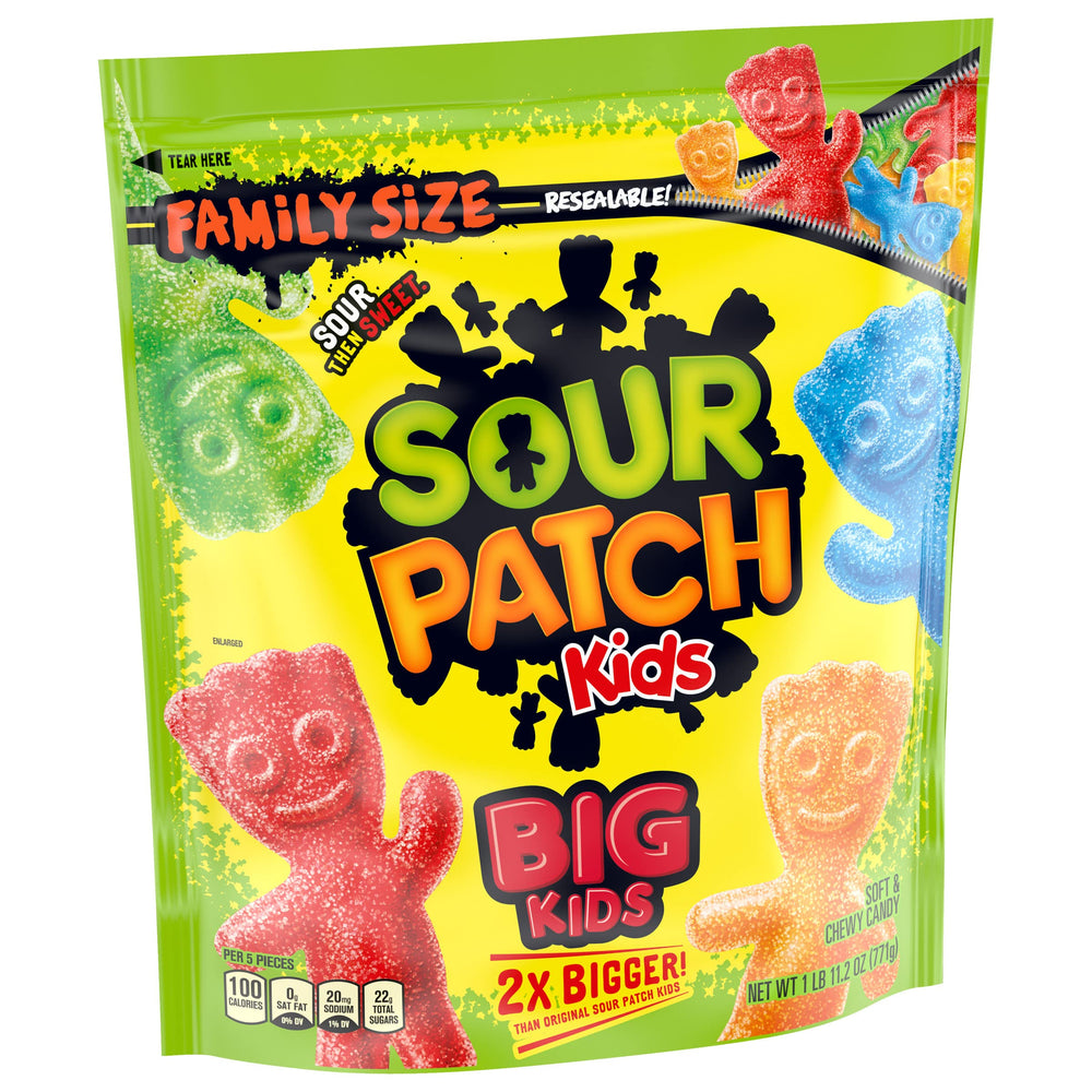 Sour Patch Kids Big Kids red and green colors display, festive candy option.