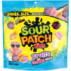 Sour Patch Kids Fruits Tropical Mix bag showing colorful shapes for sharing.