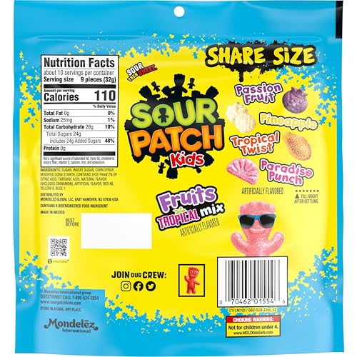 Sour Patch Kids Fruits Tropical Mix close-up of passion fruit and pineapple pieces.