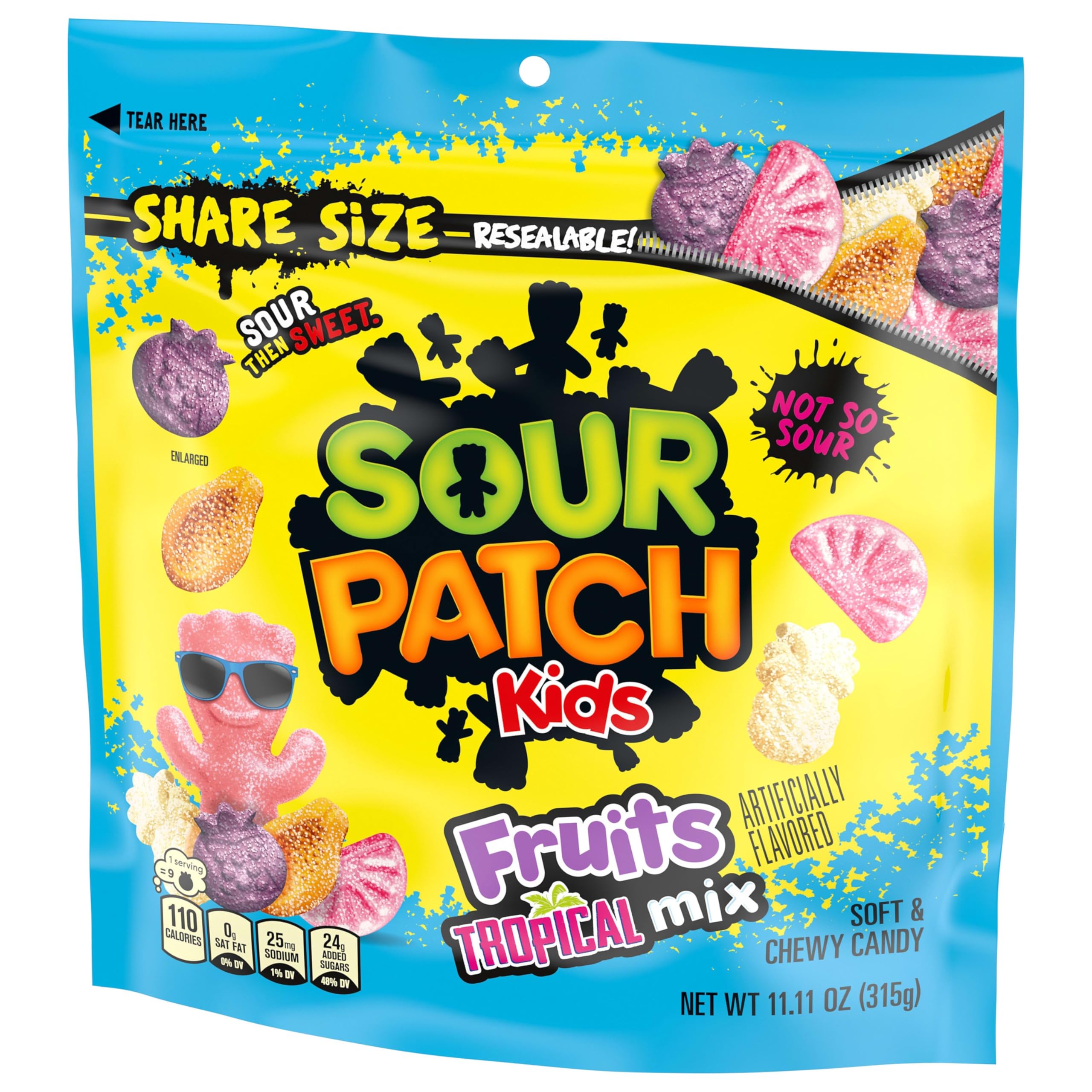 Sour Patch Kids Fruits Tropical Mix soft, chewy texture up close.