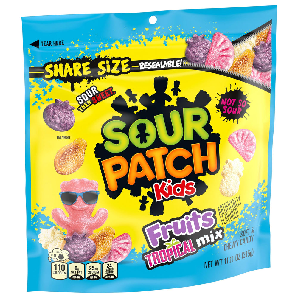 Sour Patch Kids Fruits Tropical Mix candies in a colorful party spread.