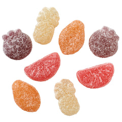 Sour Patch Kids Fruits Tropical Mix semi-sour texture on bright candy pieces.