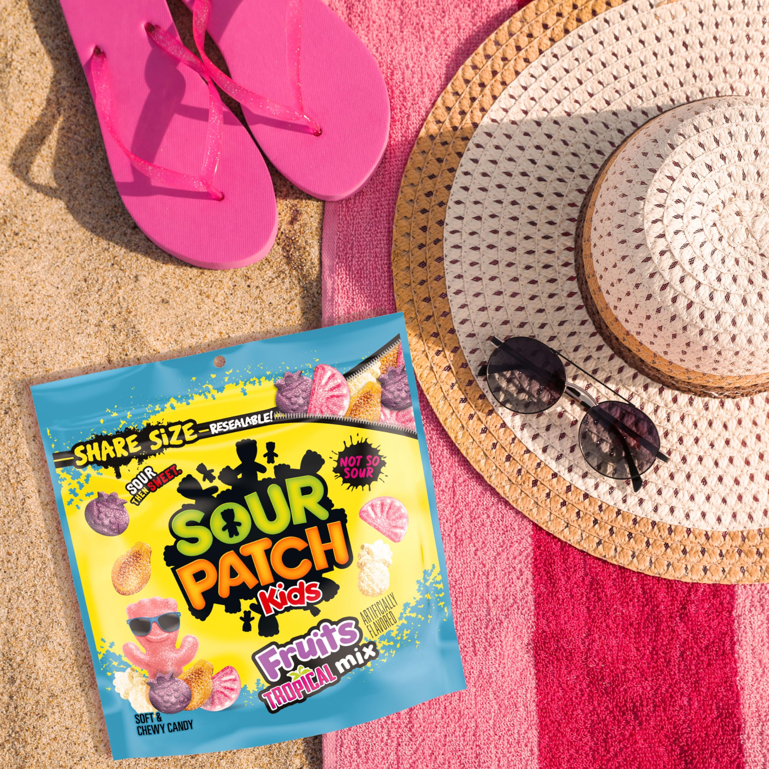 Sour Patch Kids Fruits Tropical Mix share-size bag ideal for movie night.