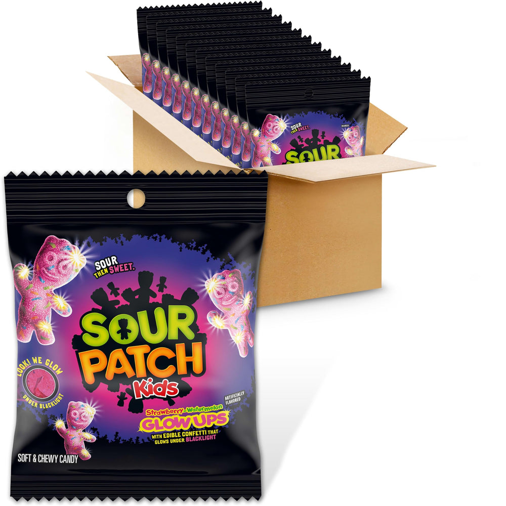 SOUR PATCH KIDS Glow Ups bag front shows bold pink packaging for on-the-go snacking.