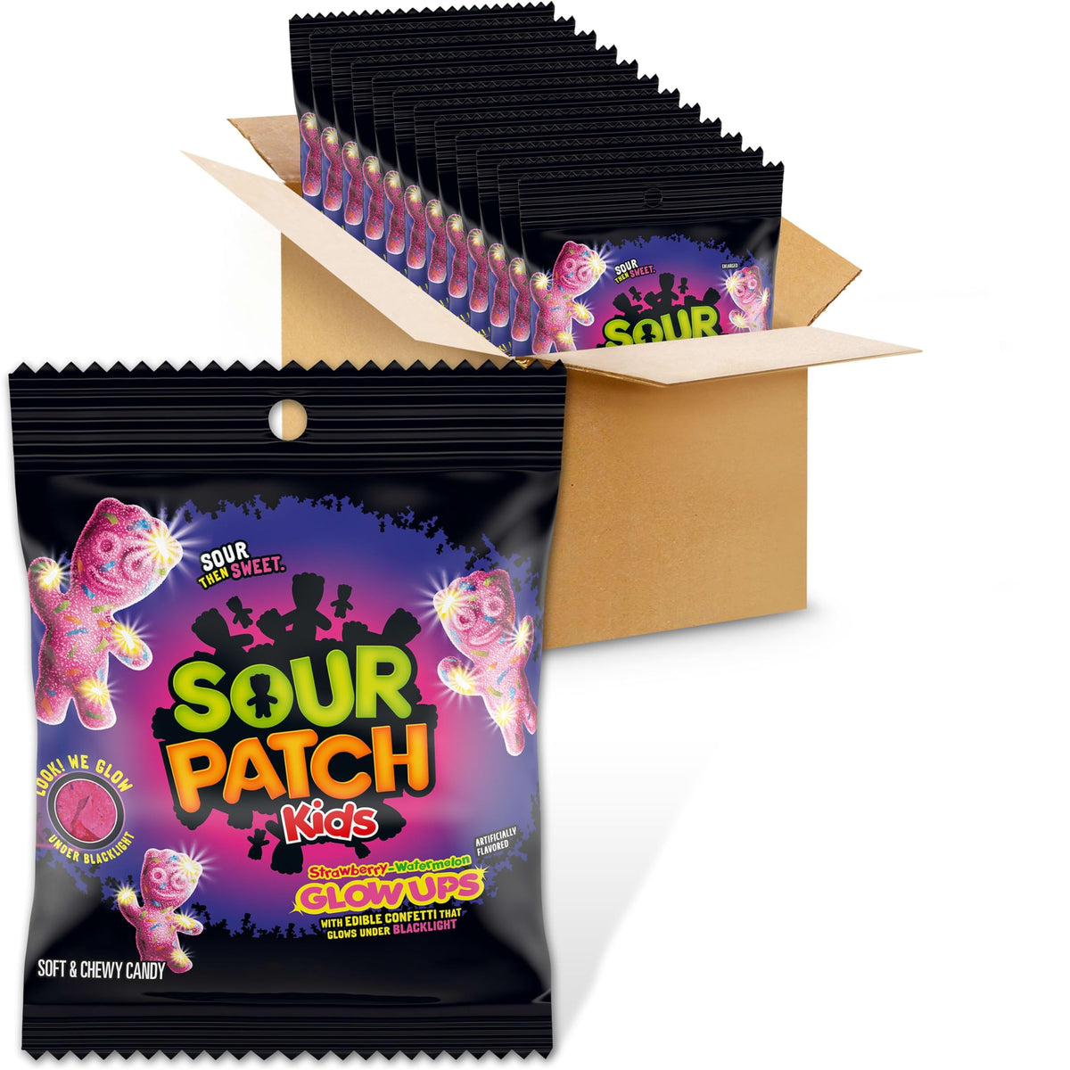 SOUR PATCH KIDS Glow Ups bag front shows bold pink packaging for on-the-go snacking.