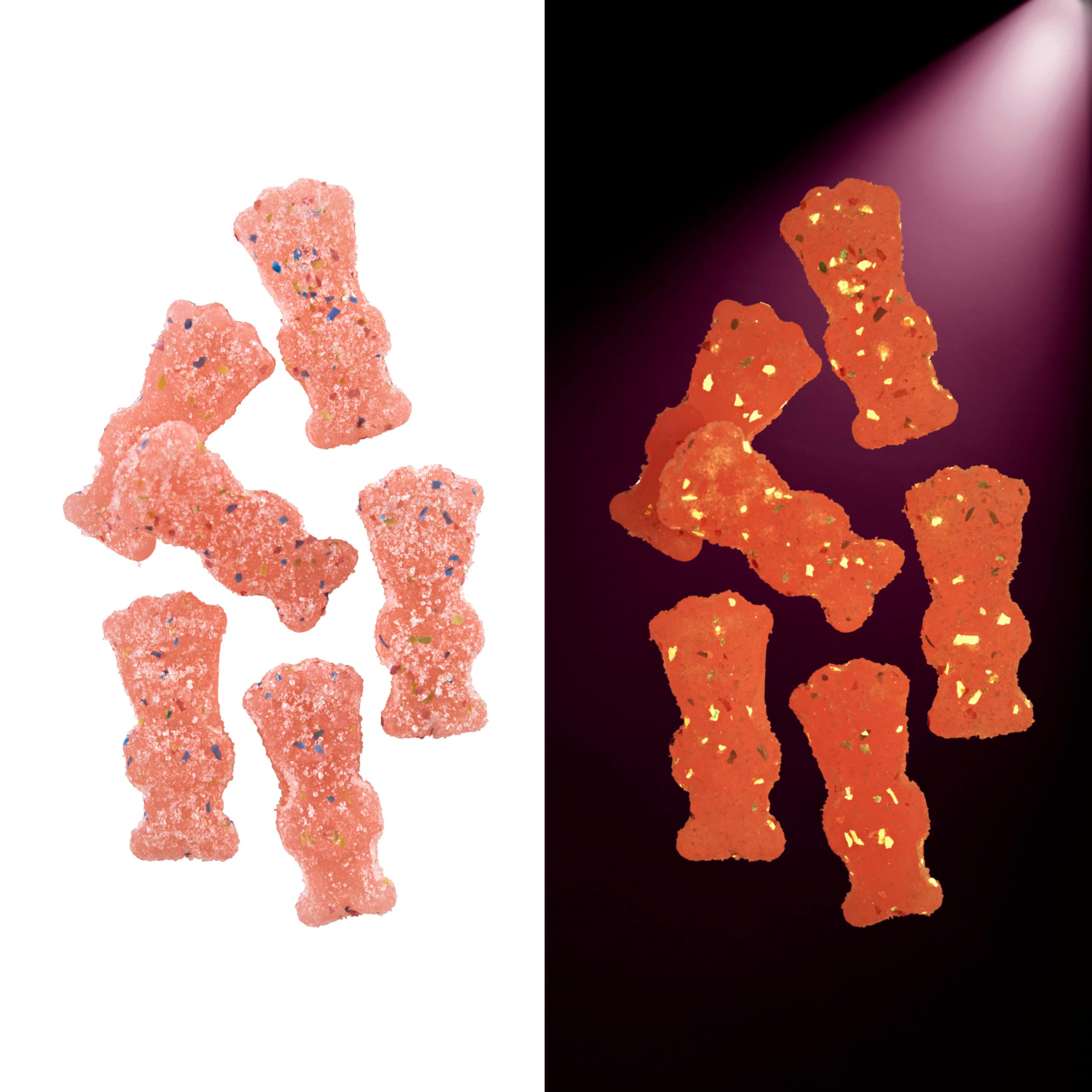 Gummies close-up reveals soft, chewy texture and pink color.