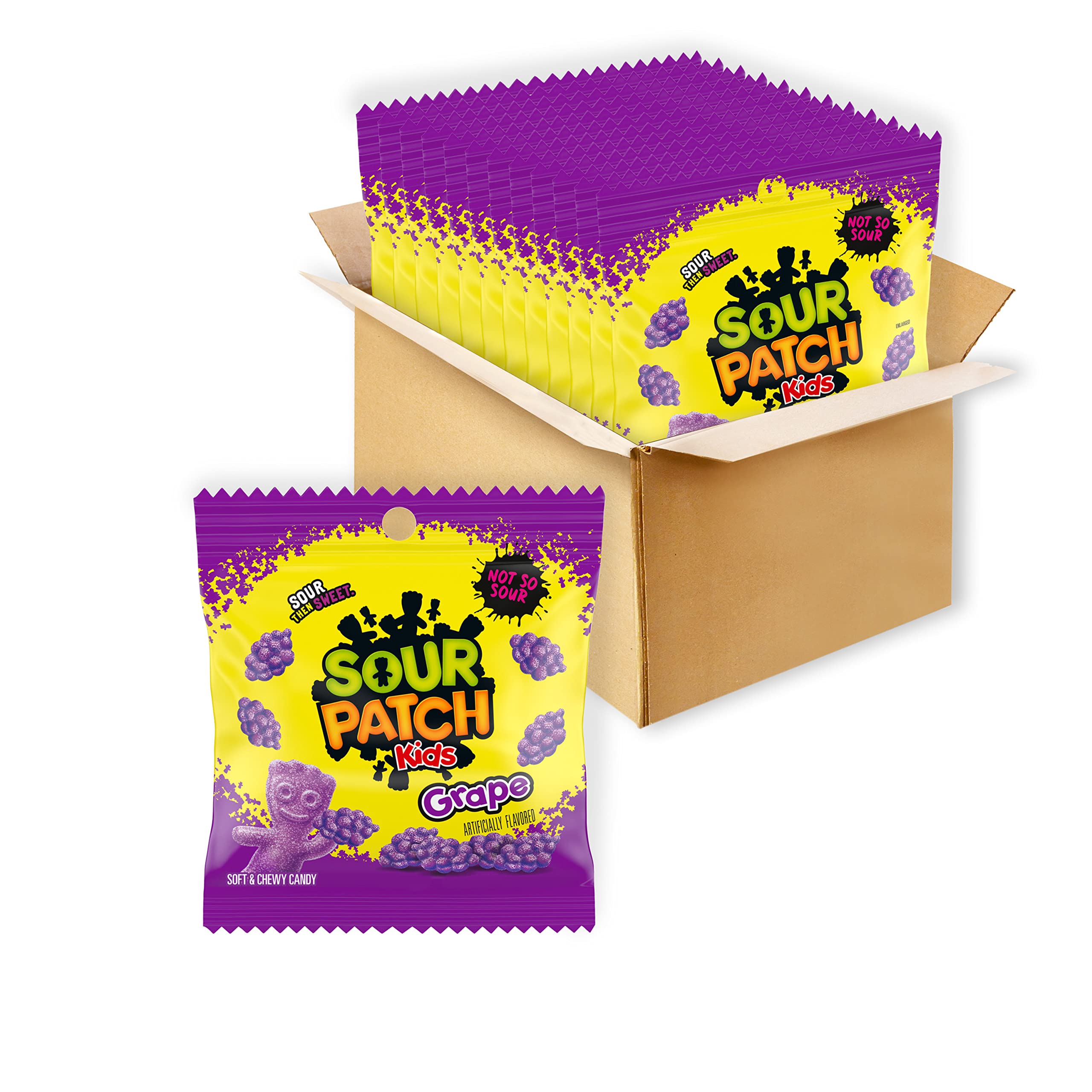 Sour Patch Kids grape bulk 12-pack bags, soft and chewy.