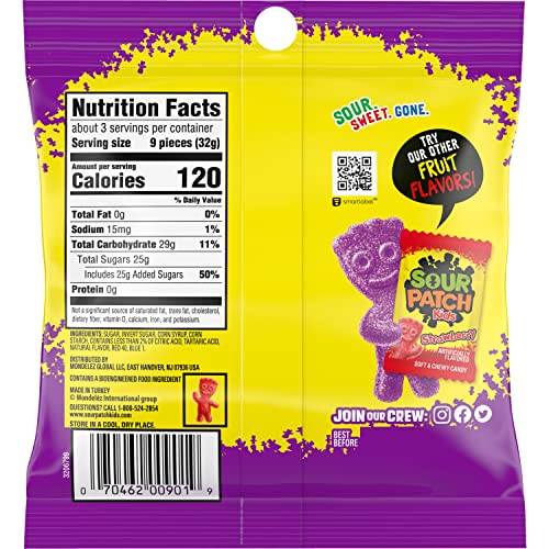 Grape Sour Patch Kids candy bag displayed in bright packaging.
