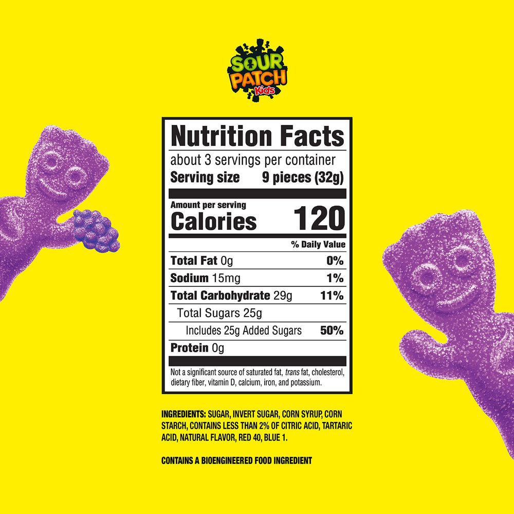 Close-up of grape Sour Patch Kids gummies showing chewy texture.