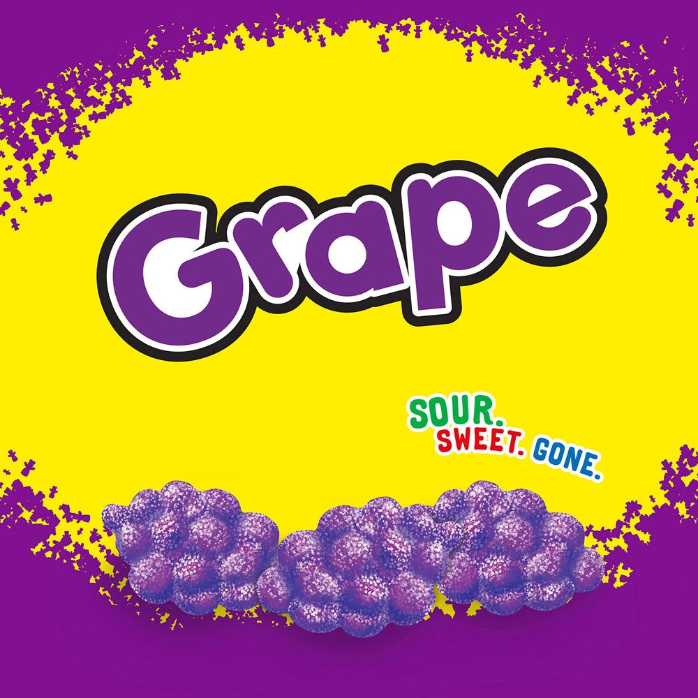 Movie night snack: Sour Patch Kids grape candy assortment.