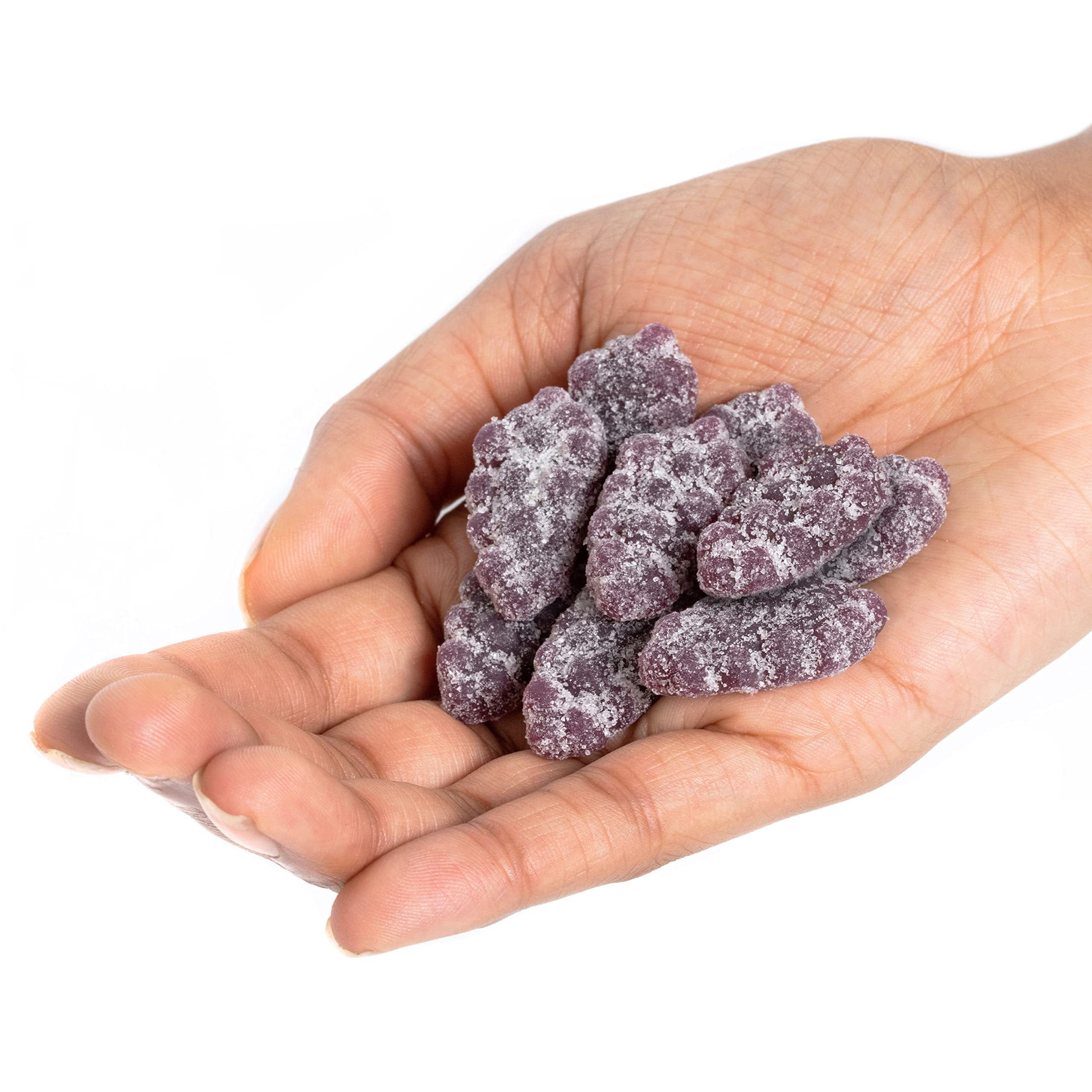 Textured surface of Sour Patch Kids grape candy close-up.