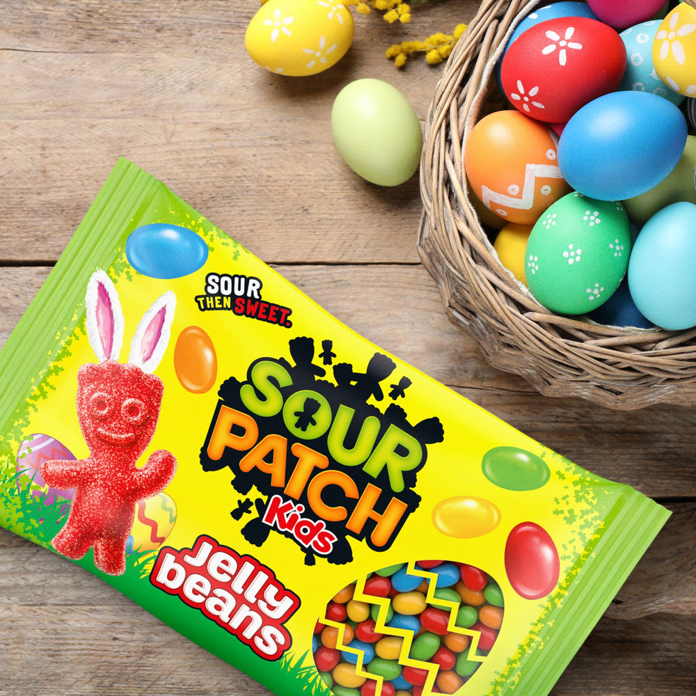Sour Patch Kids Jelly Beans poured into a colorful party display