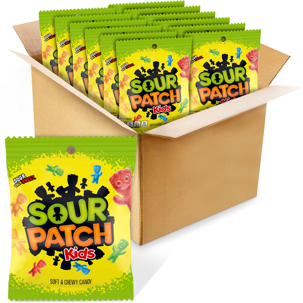 Sour Patch Kids Original front pack shows iconic kid shapes and bright fruit flavors.