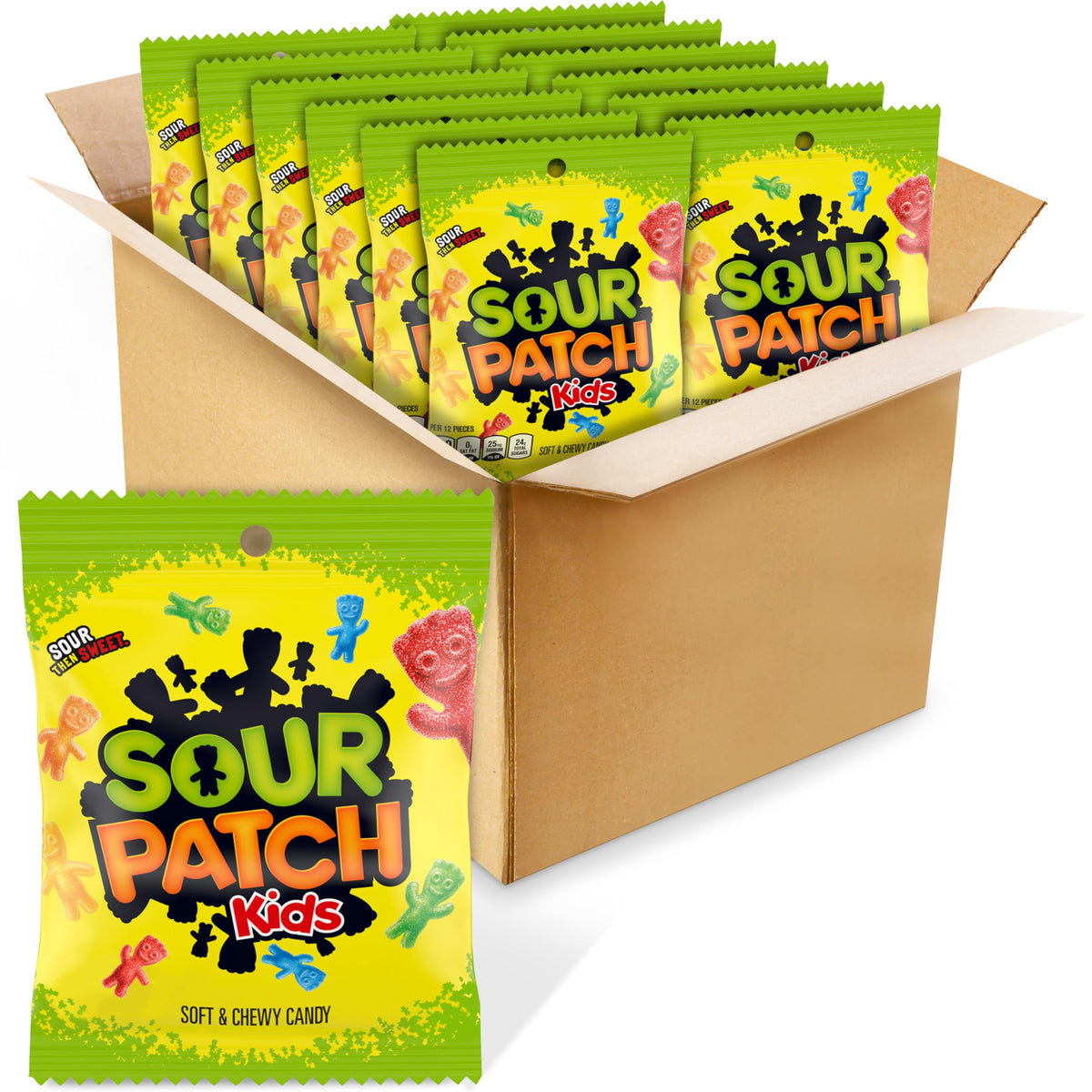 Sour Patch Kids Original front pack shows iconic kid shapes and bright fruit flavors.
