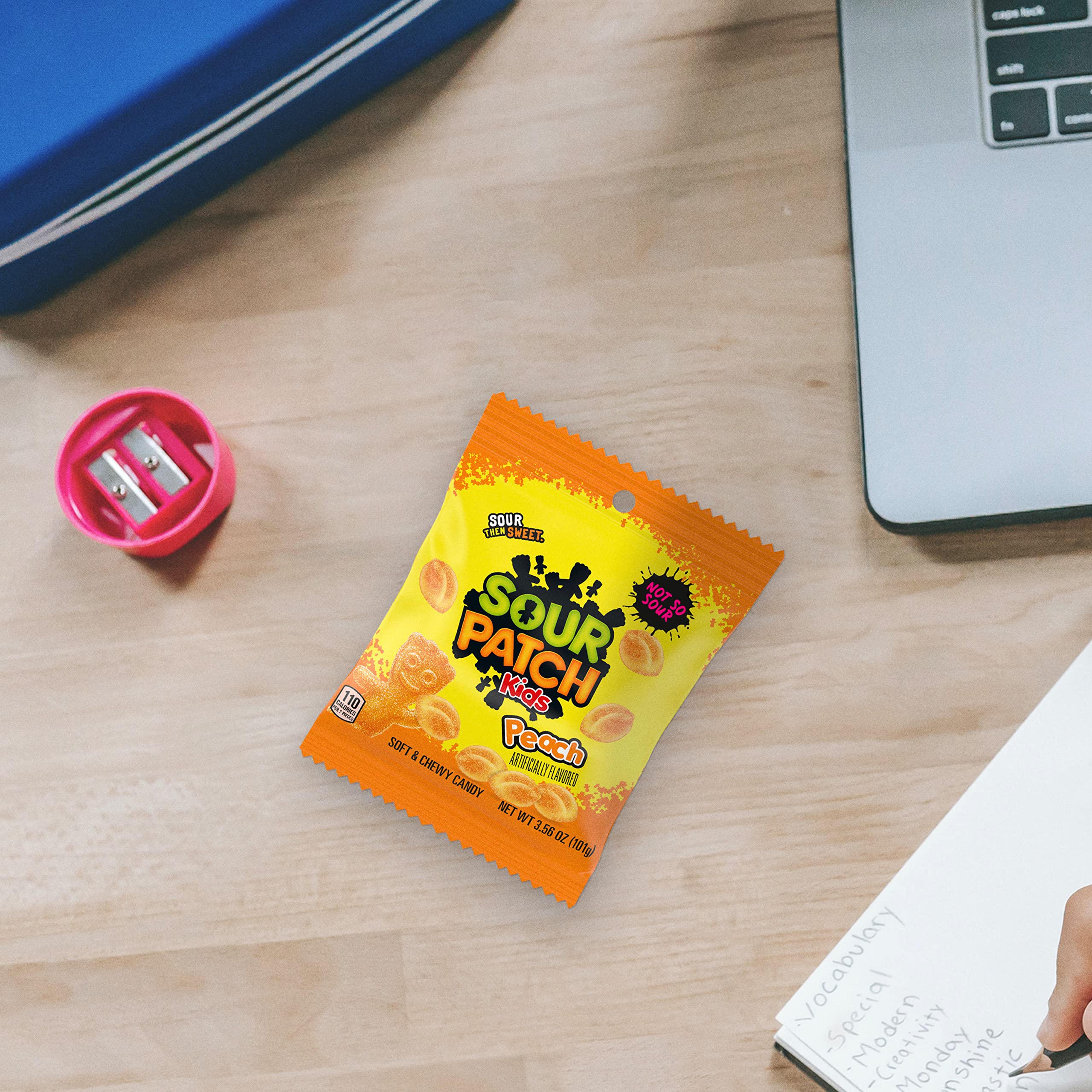 Sour Patch Kids Peach movie night snack idea in a resealable bag