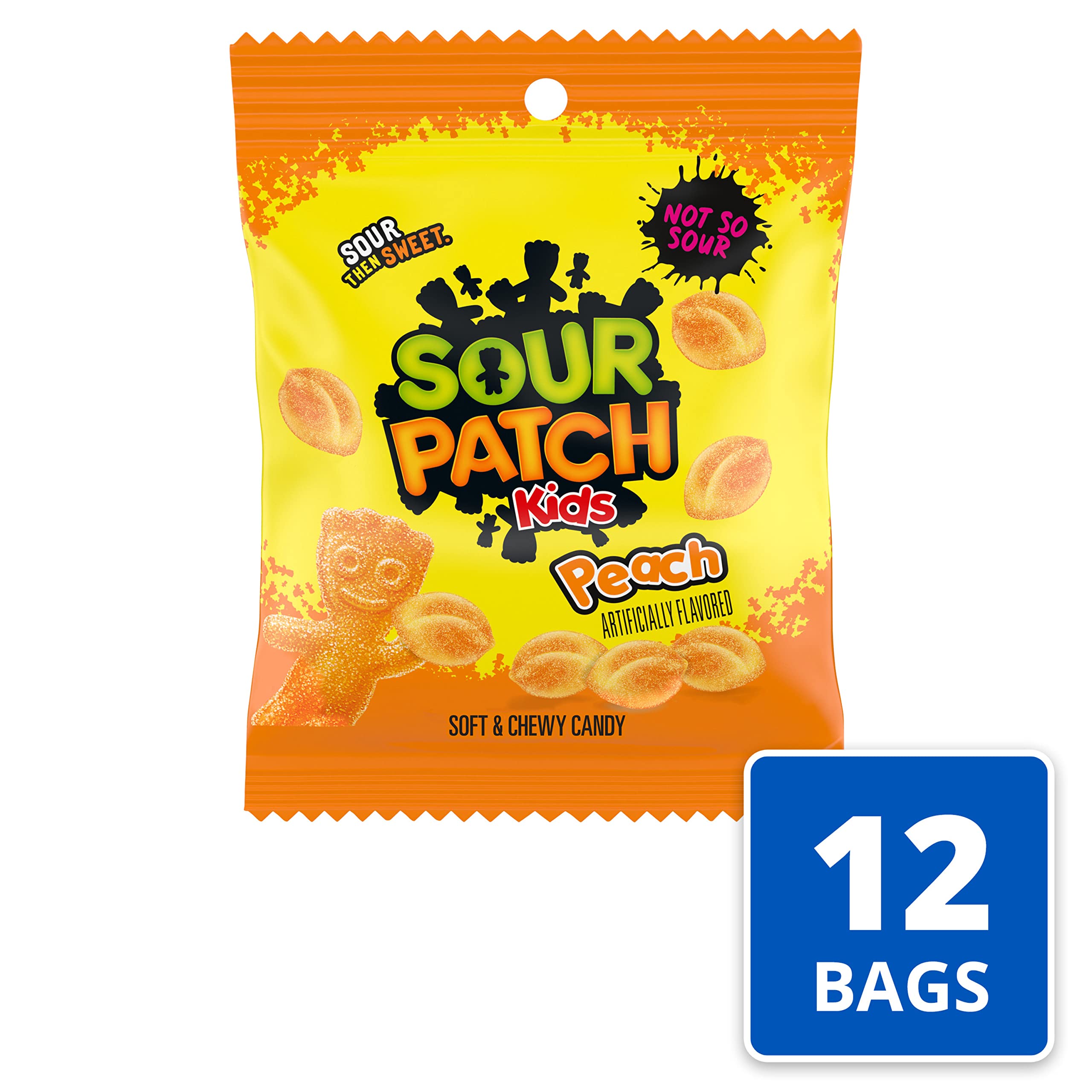 Sour Patch Kids Peach sour-sweet twist closeup highlights texture
