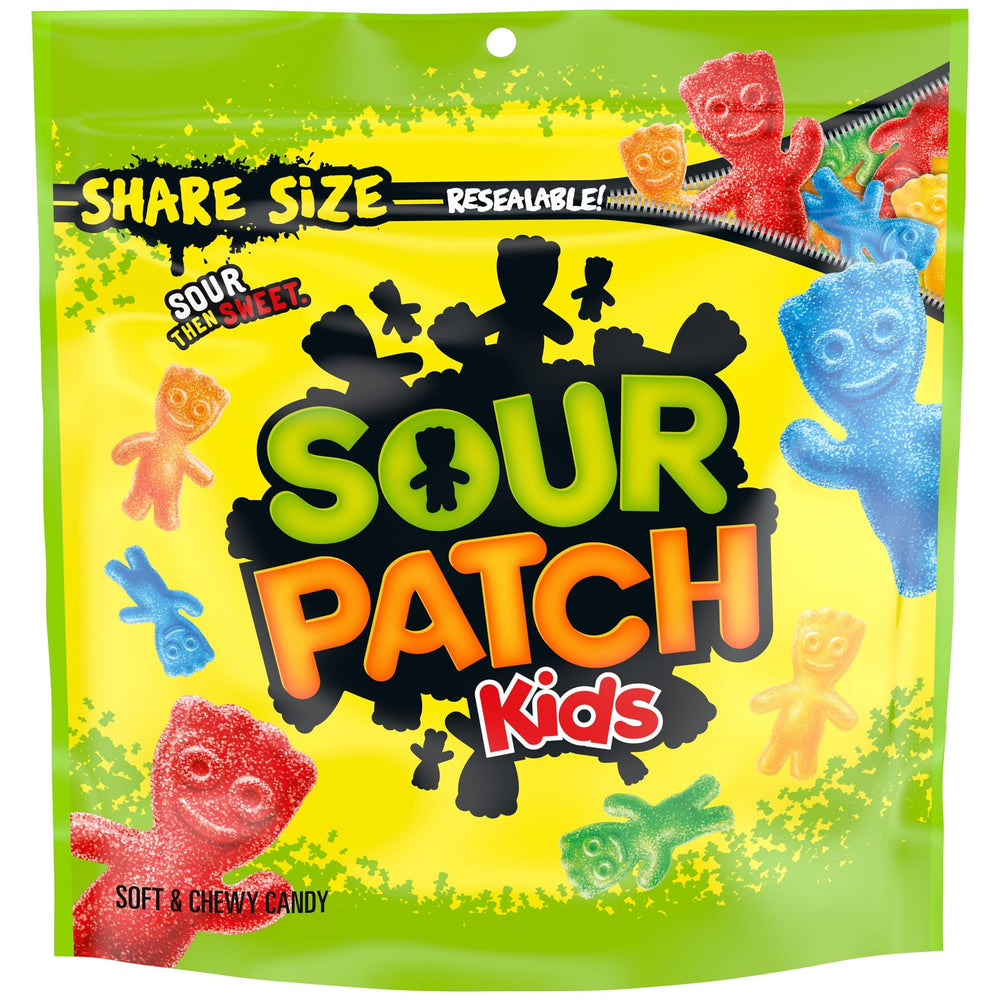 Sour Patch Kids soft chewy candy bag front view, ideal for sharing.