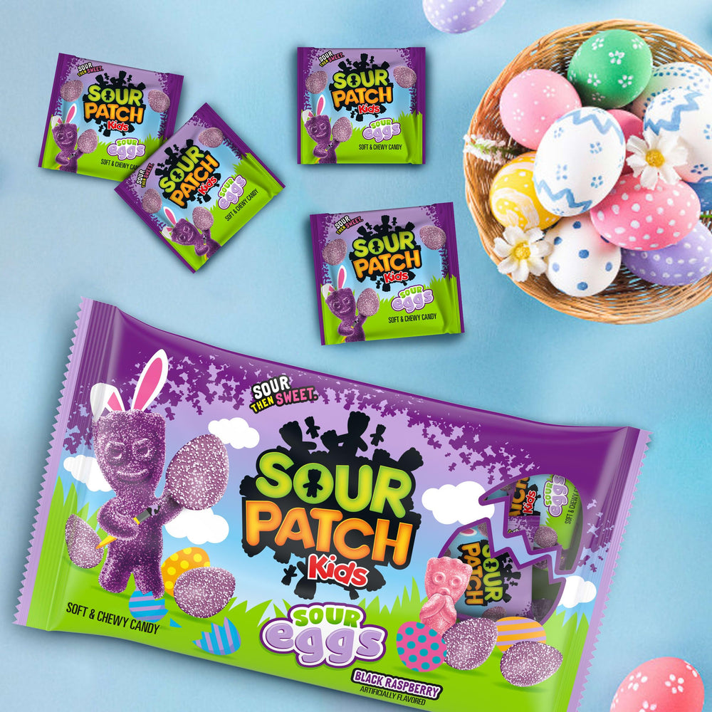 Shelf display featuring multiple boxes of Sour Eggs Easter candy