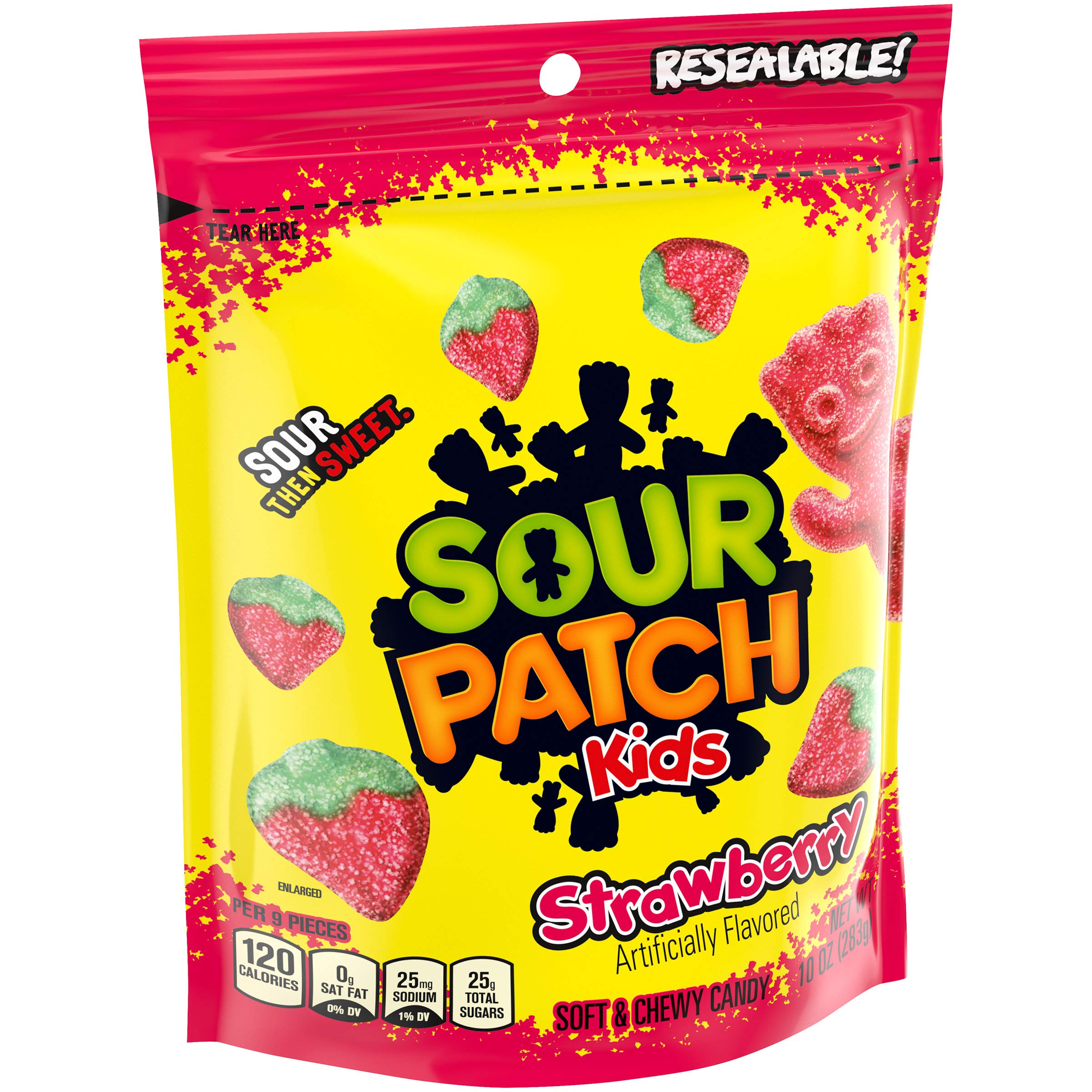 Sour Patch Kids Strawberry candy in resealable bag keeps freshness.