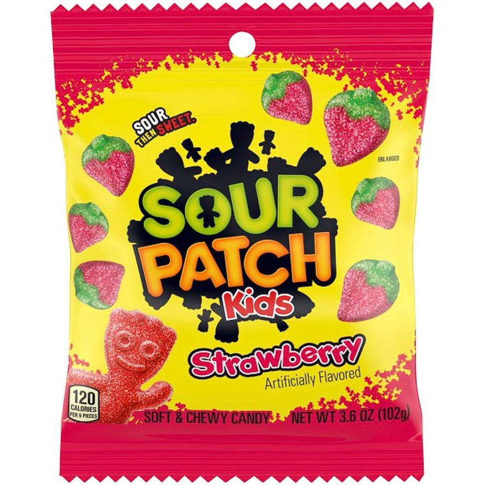Sour Patch Kids strawberry peg bag candy, soft, chewy texture with tangy strawberry flavor for snacking.